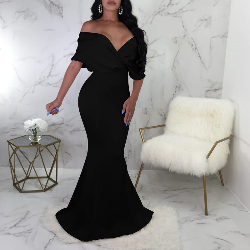 GOBLES Women Sexy V Neck Off The Shoulder Evening Gown Fishtail Maxi Dress (XL, Black) - Image 5